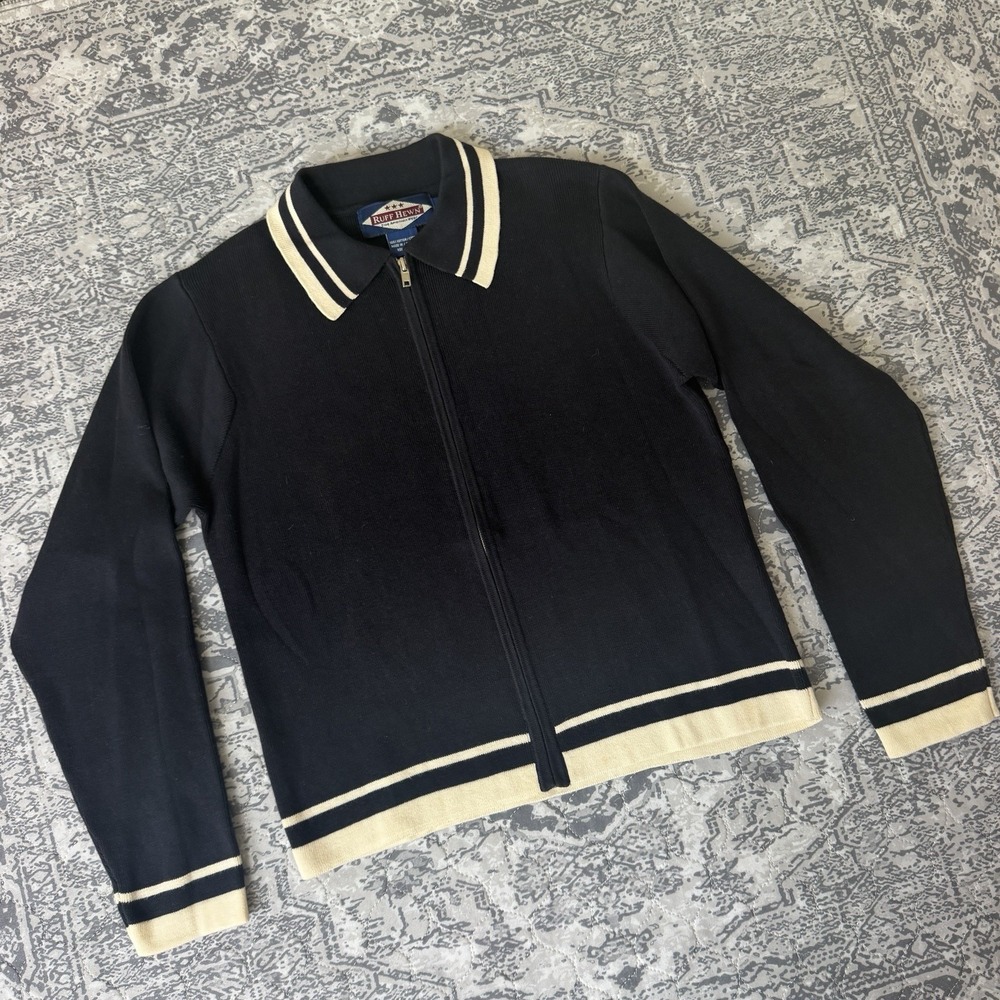 Ruff Hewn Womens Full Zip Knit Long Sleeve Navy Blue Collared Sweater Medium